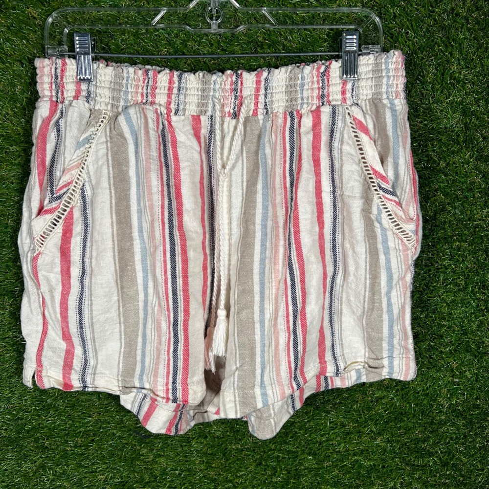 Briggs Striped Linen Blend‎ Shorts Womens Large Smocked Waist Tassel Red Blue